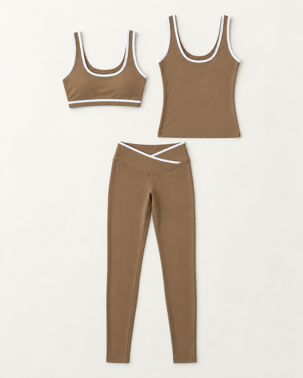 flow-bra-tank-leggings-set-mocha-brown flat lay