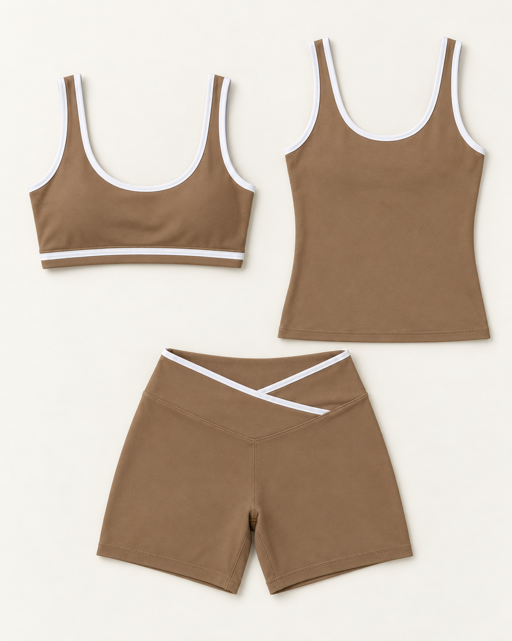 flow-bra-tank-shorts-set-mocha-brown flat lay