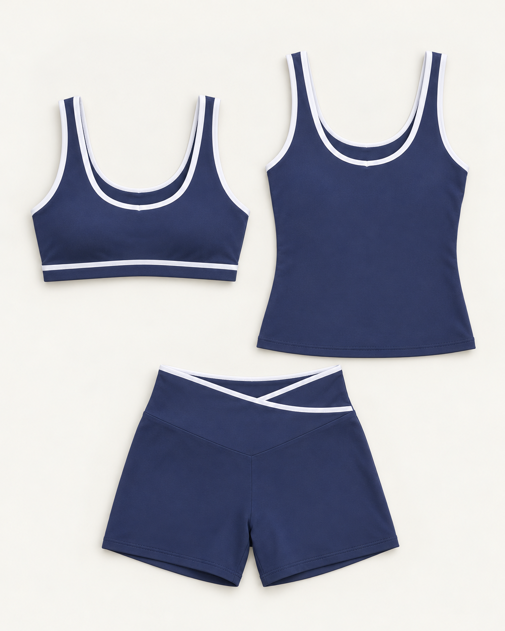 flow-bra-tank-shorts-set-navy-blue flat lay