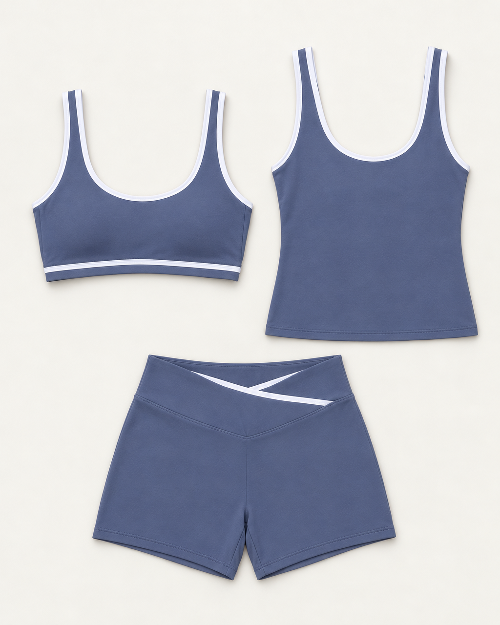flow-bra-tank-shorts-set-slate-blue flat lay