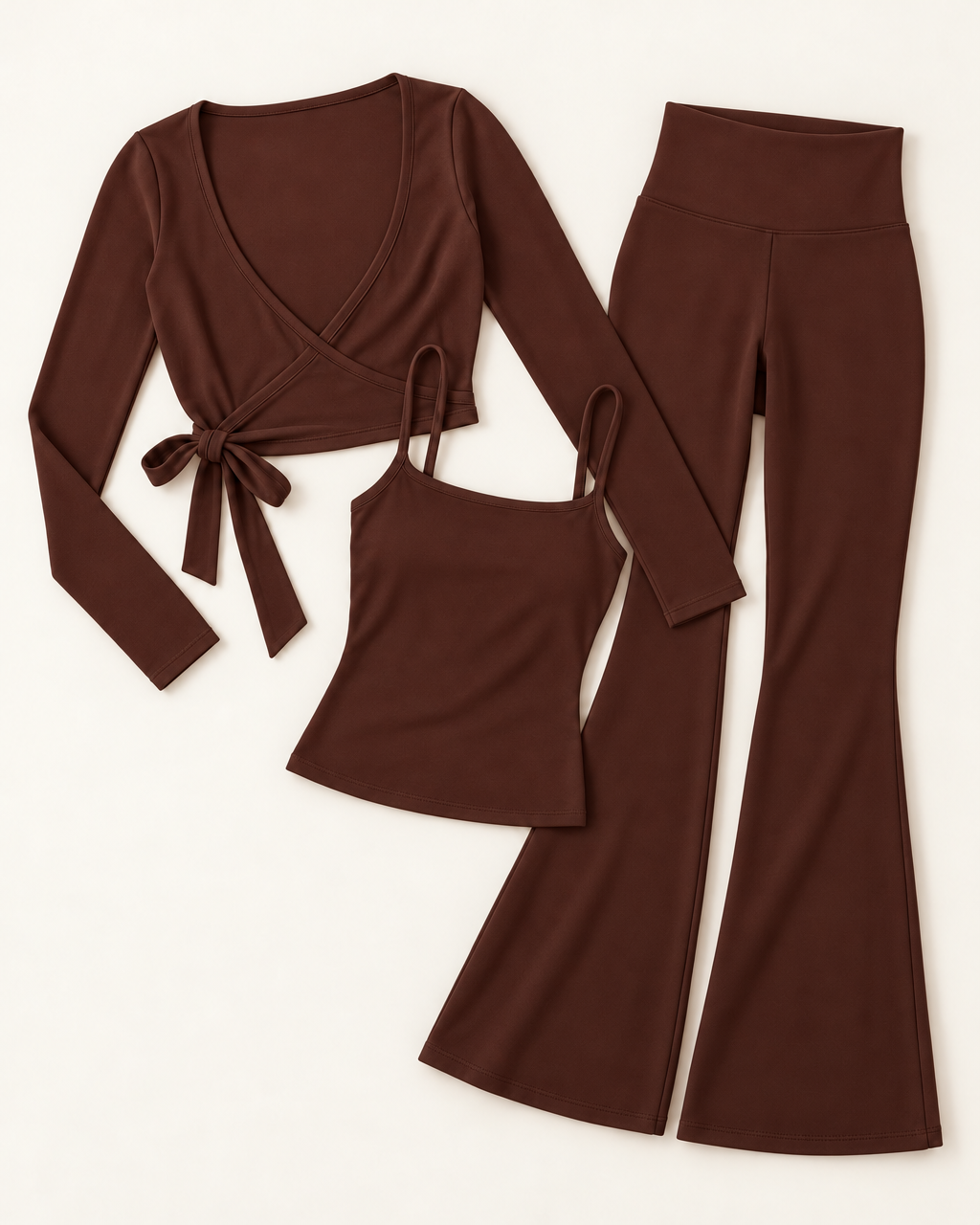 Ballet Wrap Top, Square Neck Vest & Flares Set - Chocolate Brown flat lay