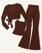 Ballet Wrap Top, Square Neck Vest & Flares Set - Chocolate Brown flat lay