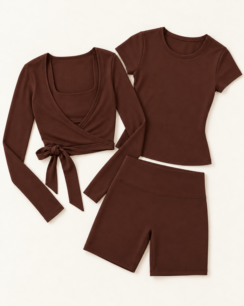 Ballet Wrap Top, Fitted Tee & Shorts Set - Chocolate Brown flat lay
