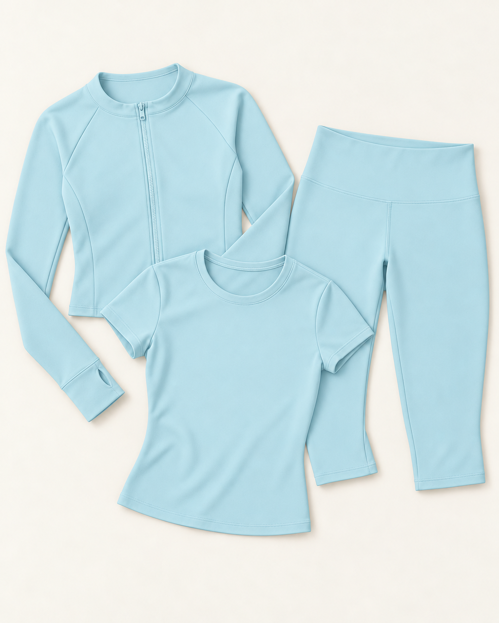 Zip-Up Jacket, Fitted Tee & Capris Set - Powder Blue flat lay