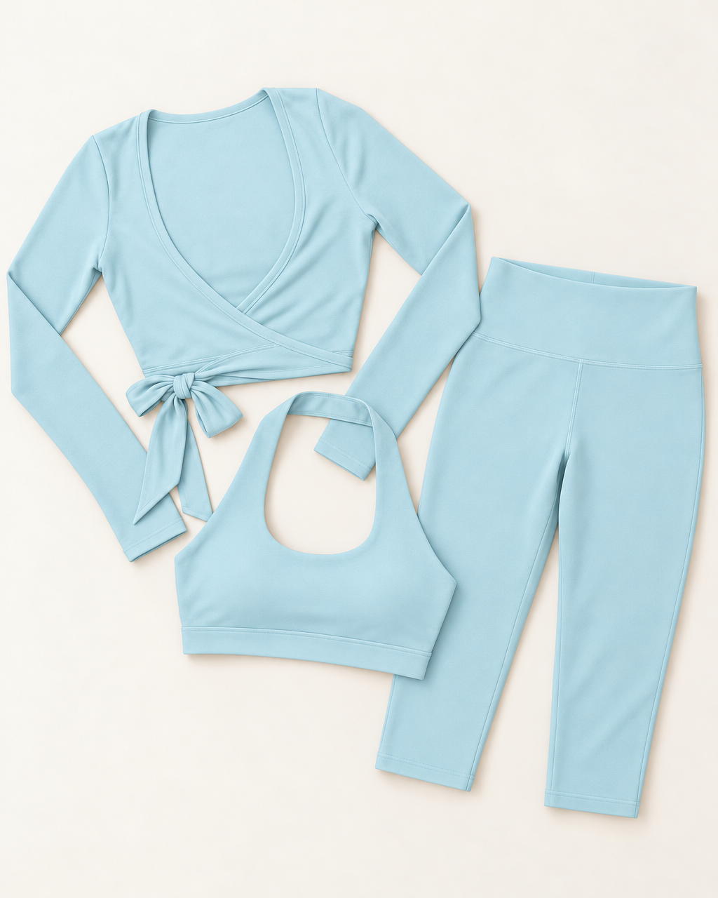 Ballet Wrap Top, Halter Bra & Capris Set - Powder Blue flat lay