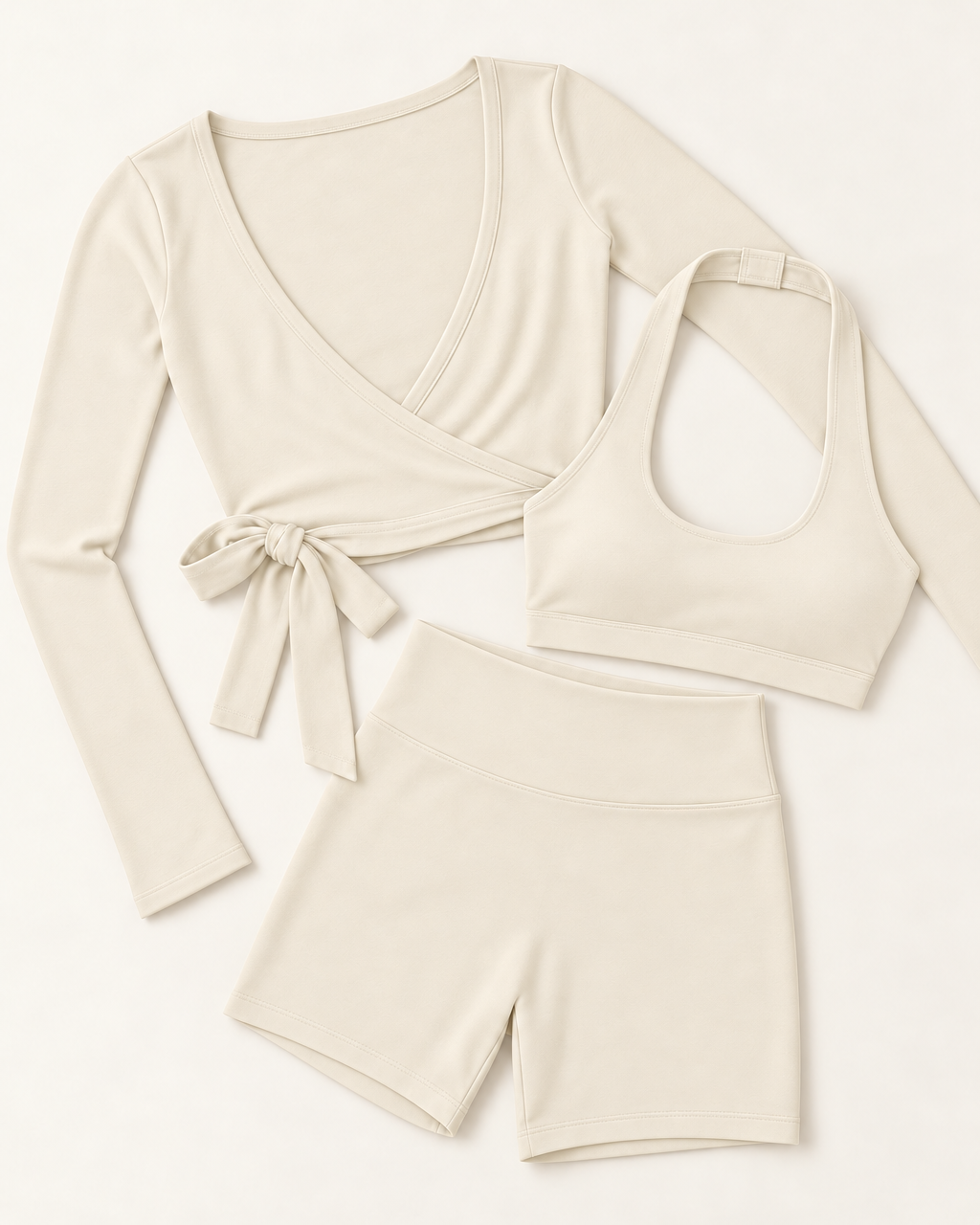 Ballet Wrap Top, Halter Bra & Shorts Set - Ivory White flat lay