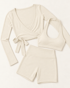 Ballet Wrap Top, Halter Bra & Shorts Set - Ivory White flat lay