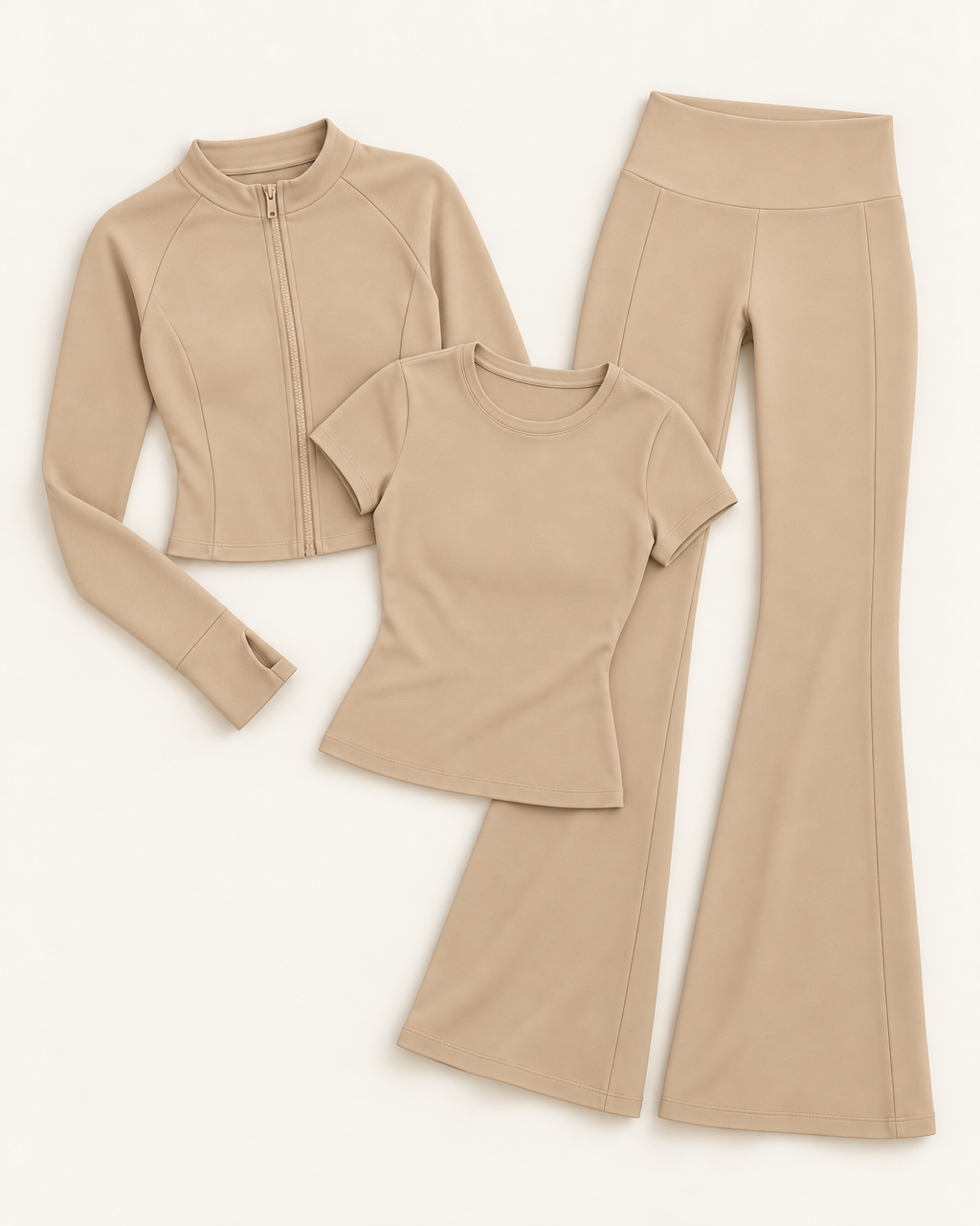 Zip-Up Jacket, Fitted Tee & Flares Set - Tan flat lay