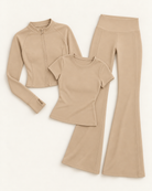 Zip-Up Jacket, Fitted Tee & Flares Set - Tan flat lay