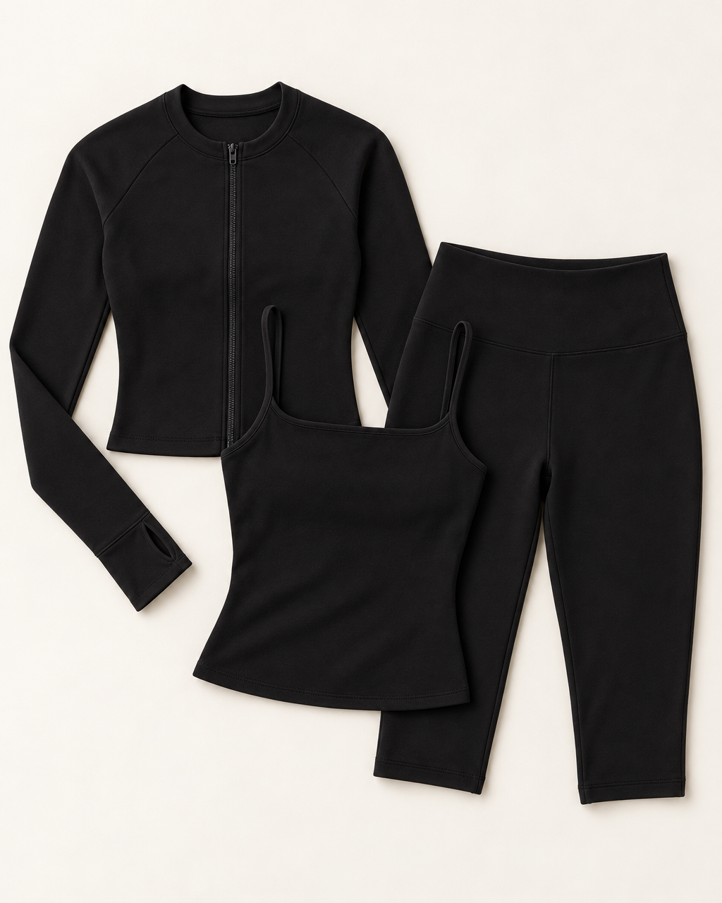 Zip-Up Jacket, Square Neck Vest & Capris Set - Shadow Black flat lay