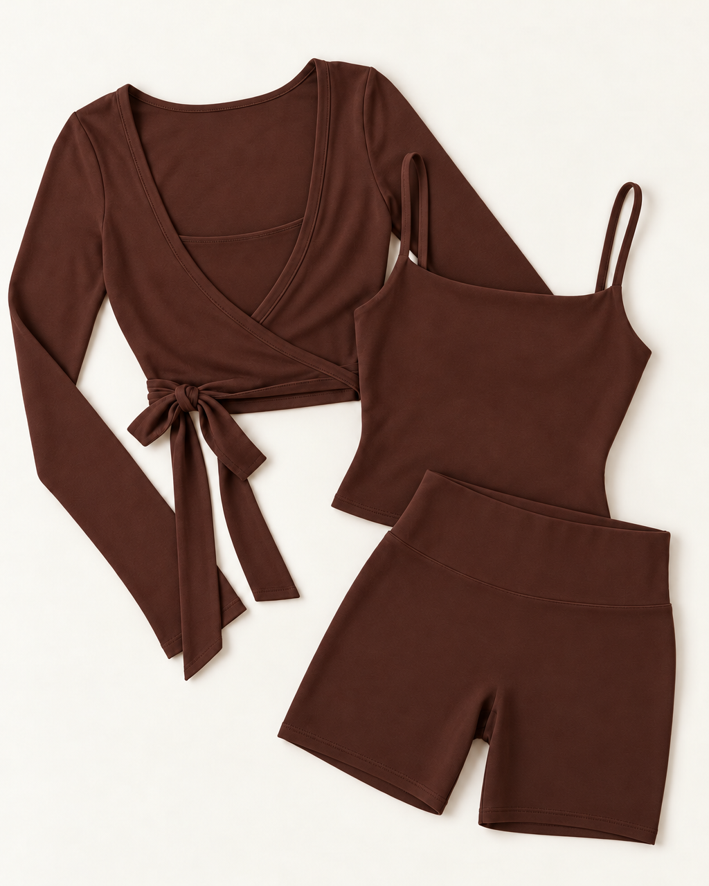 Ballet Wrap Top, Square Neck Vest & Shorts Set - Chocolate Brown flat lay