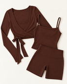 Ballet Wrap Top, Square Neck Vest & Shorts Set - Chocolate Brown flat lay