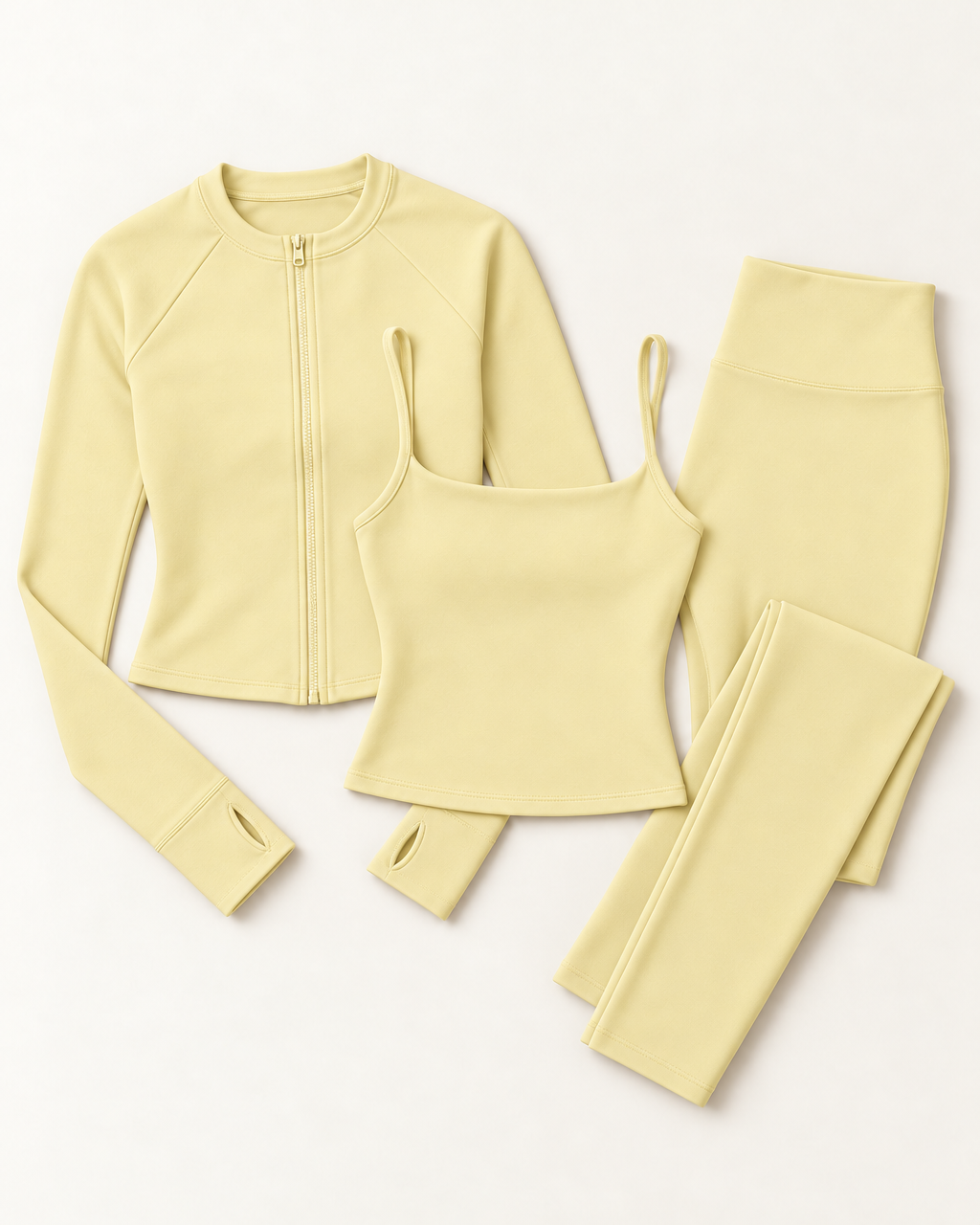 Zip-Up Jacket, Square Neck Vest & Leggings Set - Buttercream flat lay