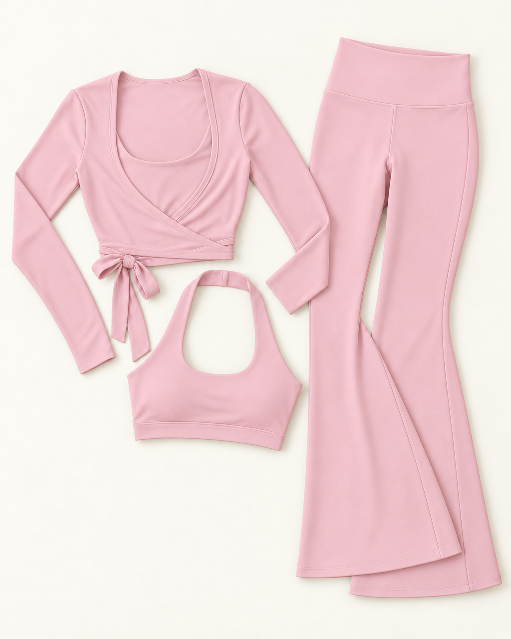 Ballet Wrap Top, Halter Bra & Flares Set - Ballet Pink flat lay