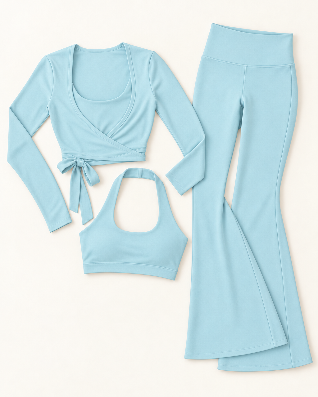 Ballet Wrap Top, Halter Bra & Flares Set - Powder Blue flat lay