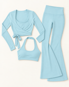 Ballet Wrap Top, Halter Bra & Flares Set - Powder Blue flat lay