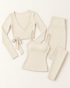 Ballet Wrap Top, Square Neck Vest & Leggings Set - Ivory White flat lay