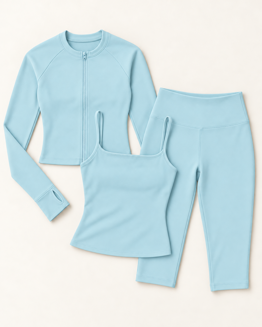 Zip-Up Jacket, Square Neck Vest & Capris Set - Powder Blue flat lay