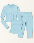 Zip-Up Jacket, Square Neck Vest & Capris Set - Powder Blue flat lay
