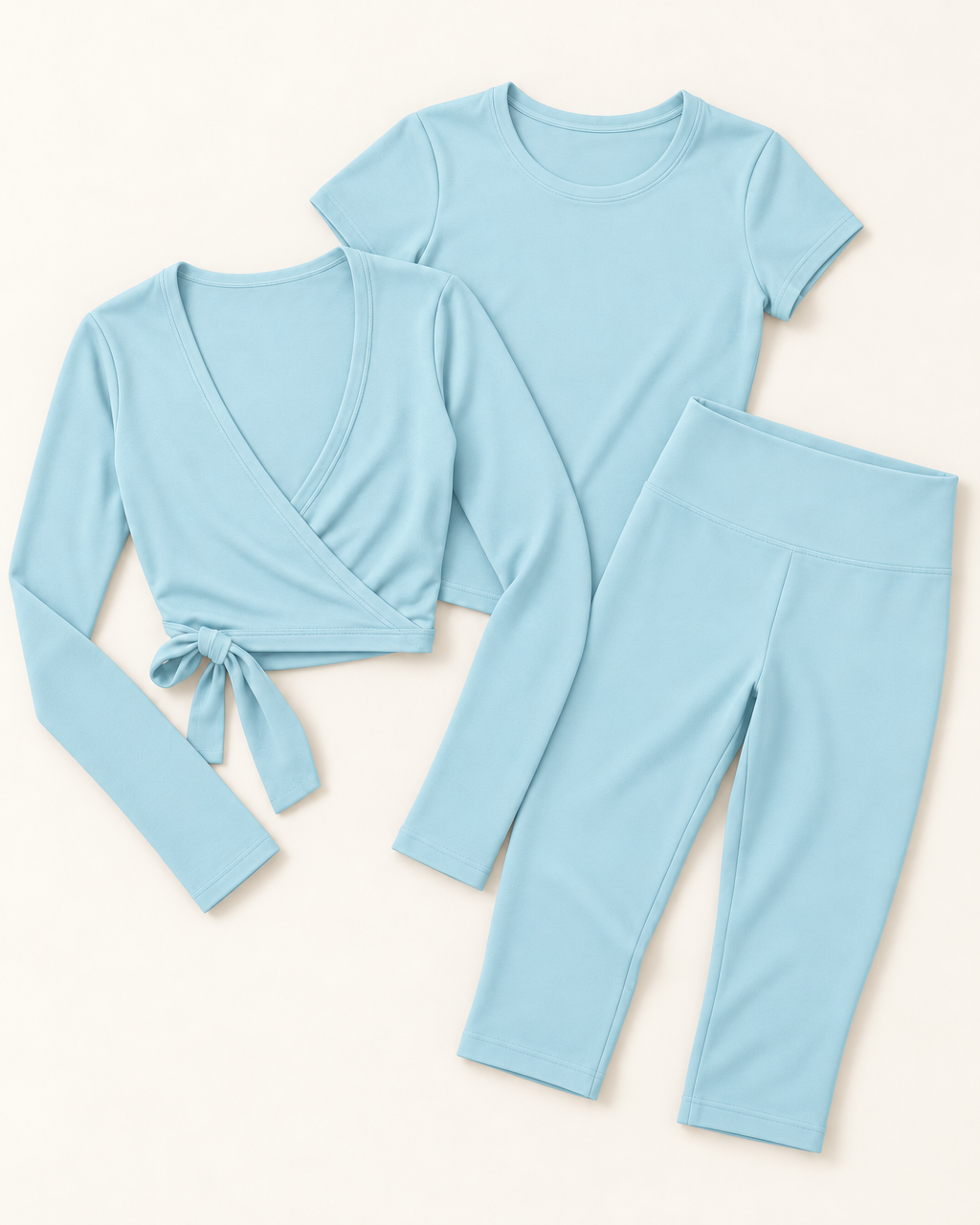 Ballet Wrap Top, Fitted Tee & Capris Set - Powder Blue flat lay
