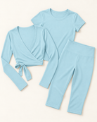 Ballet Wrap Top, Fitted Tee & Capris Set - Powder Blue flat lay