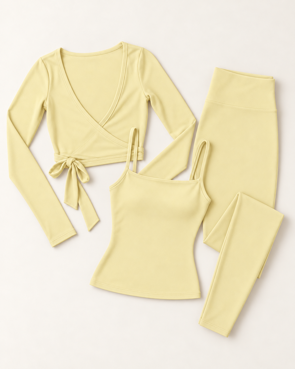 Ballet Wrap Top, Square Neck Vest & Leggings Set - Buttercream flat lay