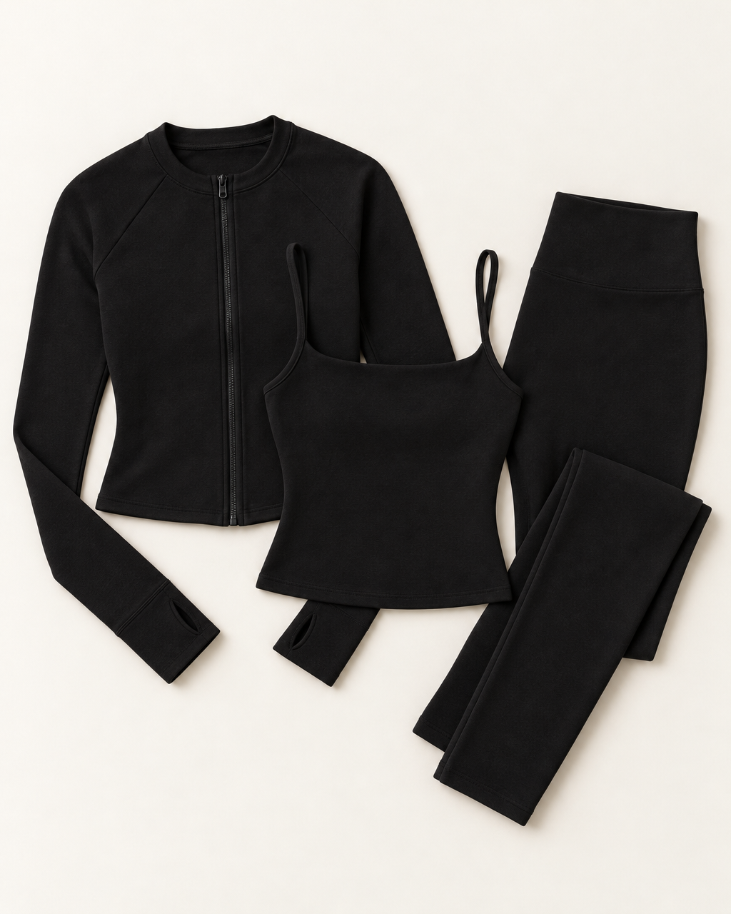 Zip-Up Jacket, Square Neck Vest & Leggings Set - Shadow Black flat lay