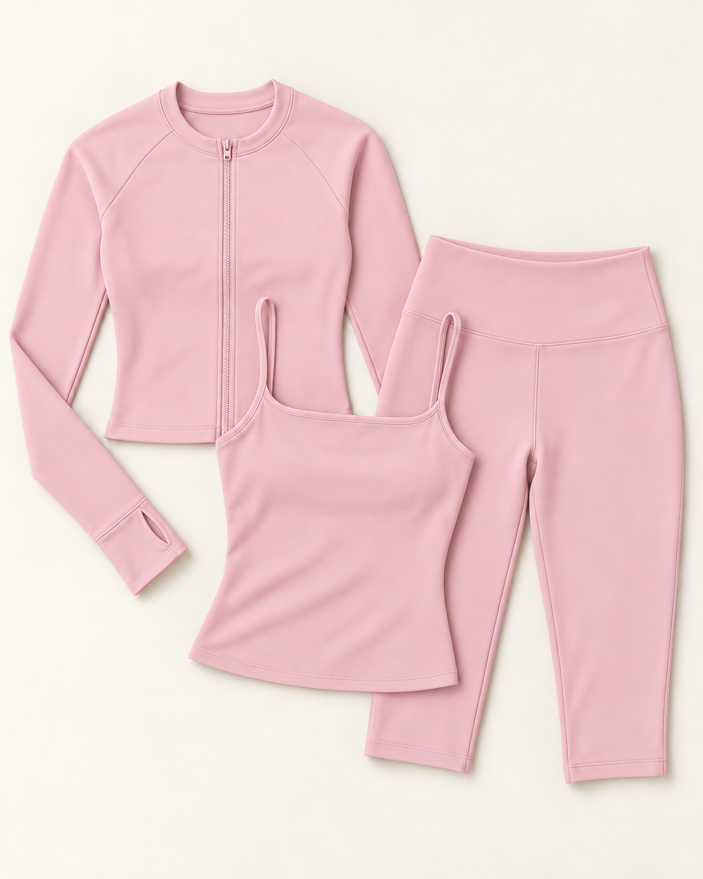 Zip-Up Jacket, Square Neck Vest & Capris Set - Ballet Pink flat lay