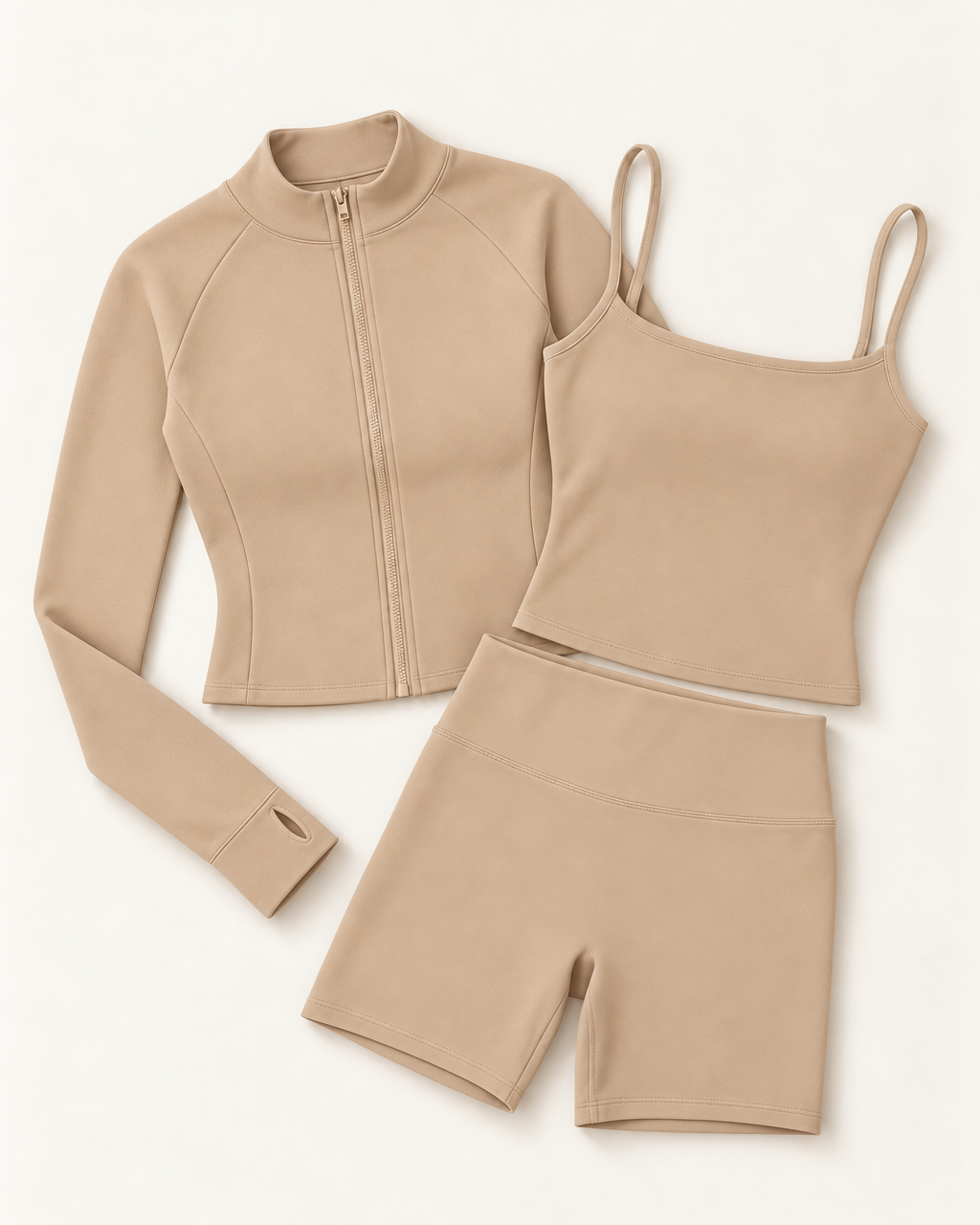 Zip-Up Jacket, Square Neck Vest & Shorts Set - Tan flat lay