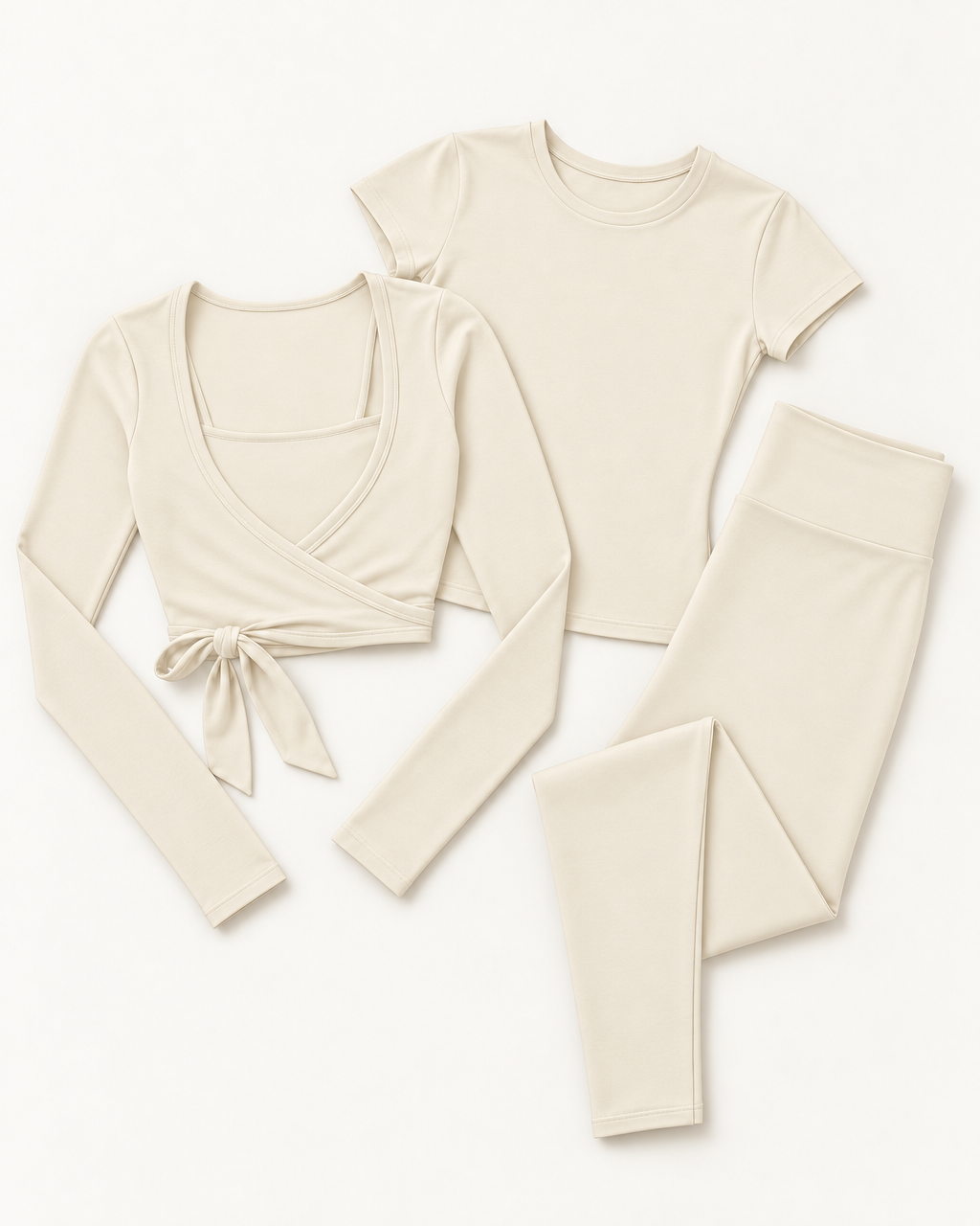 Ballet Wrap Top, Fitted Tee & Leggings Set - Ivory White flat lay