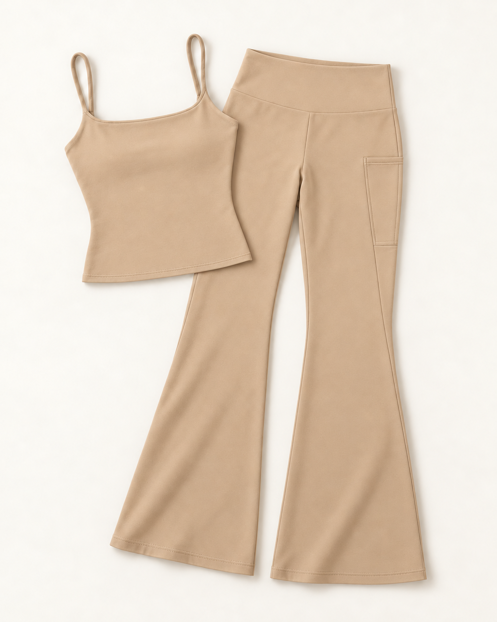 Square Neck Vest & Flares Set - Tan flat lay