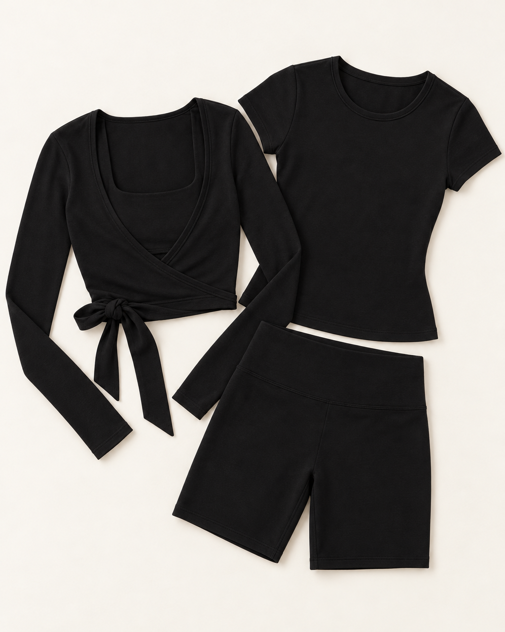 Ballet Wrap Top, Fitted Tee & Shorts Set - Shadow Black flat lay