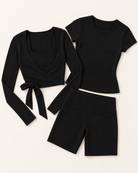 Ballet Wrap Top, Fitted Tee & Shorts Set - Shadow Black flat lay