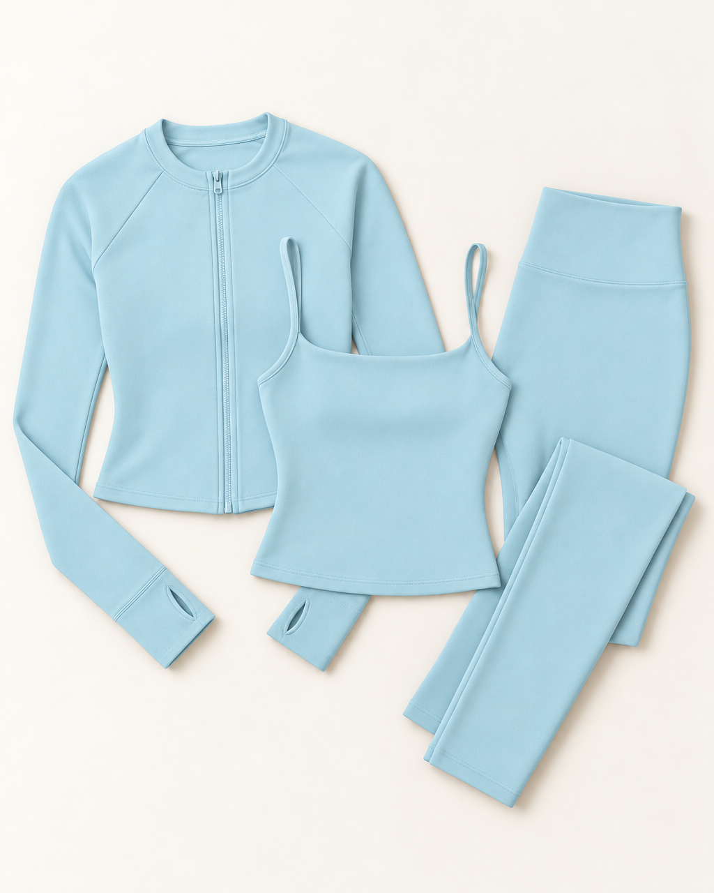 Zip-Up Jacket, Square Neck Vest & Leggings Set - Powder Blue flat lay