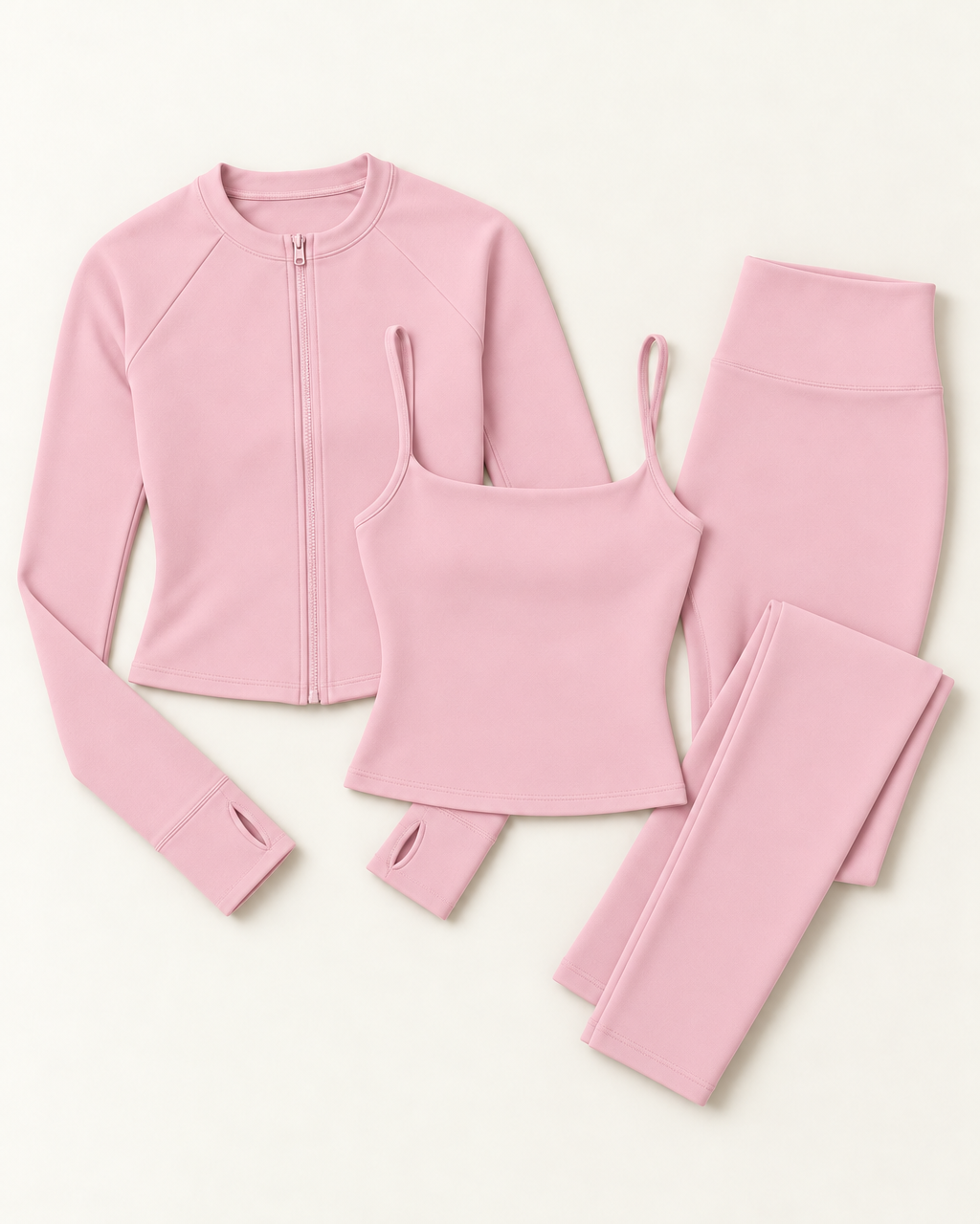Zip-Up Jacket, Square Neck Vest & Leggings Set - Ballet Pink flat lay