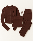 Zip-Up Jacket, Square Neck Vest & Leggings Set - Chocolate Brown flat lay