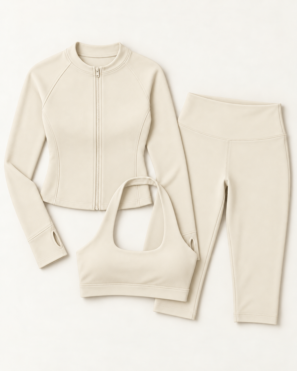 Zip-Up Jacket, Halter Bra & Capris Set - Ivory White flat lay