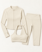Zip-Up Jacket, Halter Bra & Capris Set - Ivory White flat lay