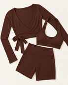 Ballet Wrap Top, Halter Bra & Shorts Set - Chocolate Brown flat lay