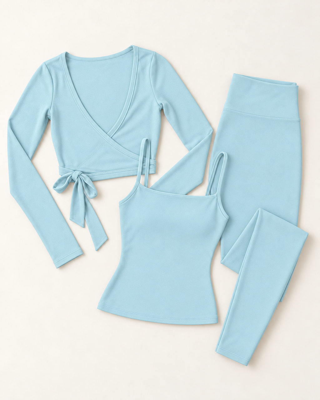 Ballet Wrap Top, Square Neck Vest & Leggings Set - Powder Blue flat lay