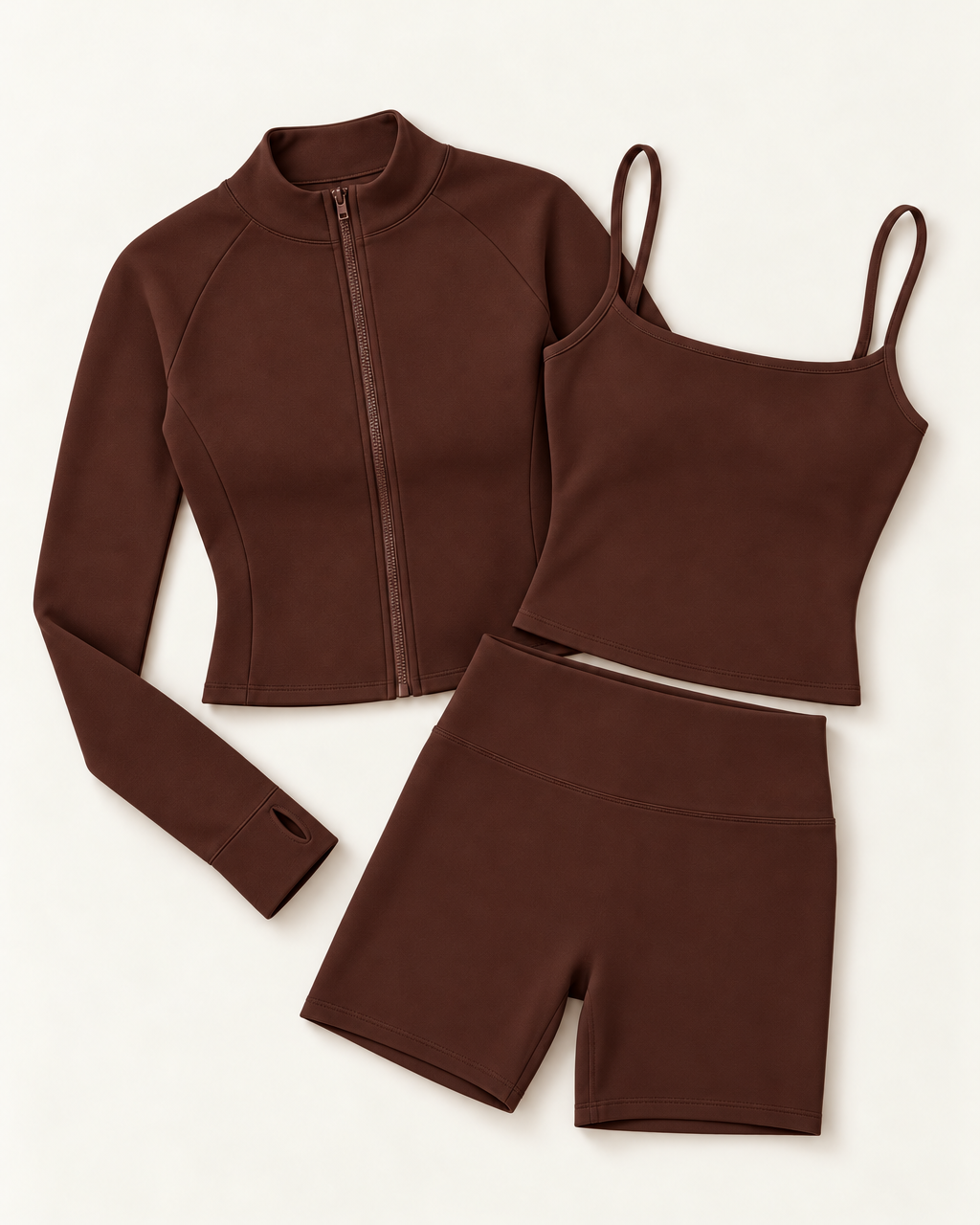 Zip-Up Jacket, Square Neck Vest & Shorts Set - Chocolate Brown flat lay