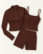 Zip-Up Jacket, Square Neck Vest & Shorts Set - Chocolate Brown flat lay