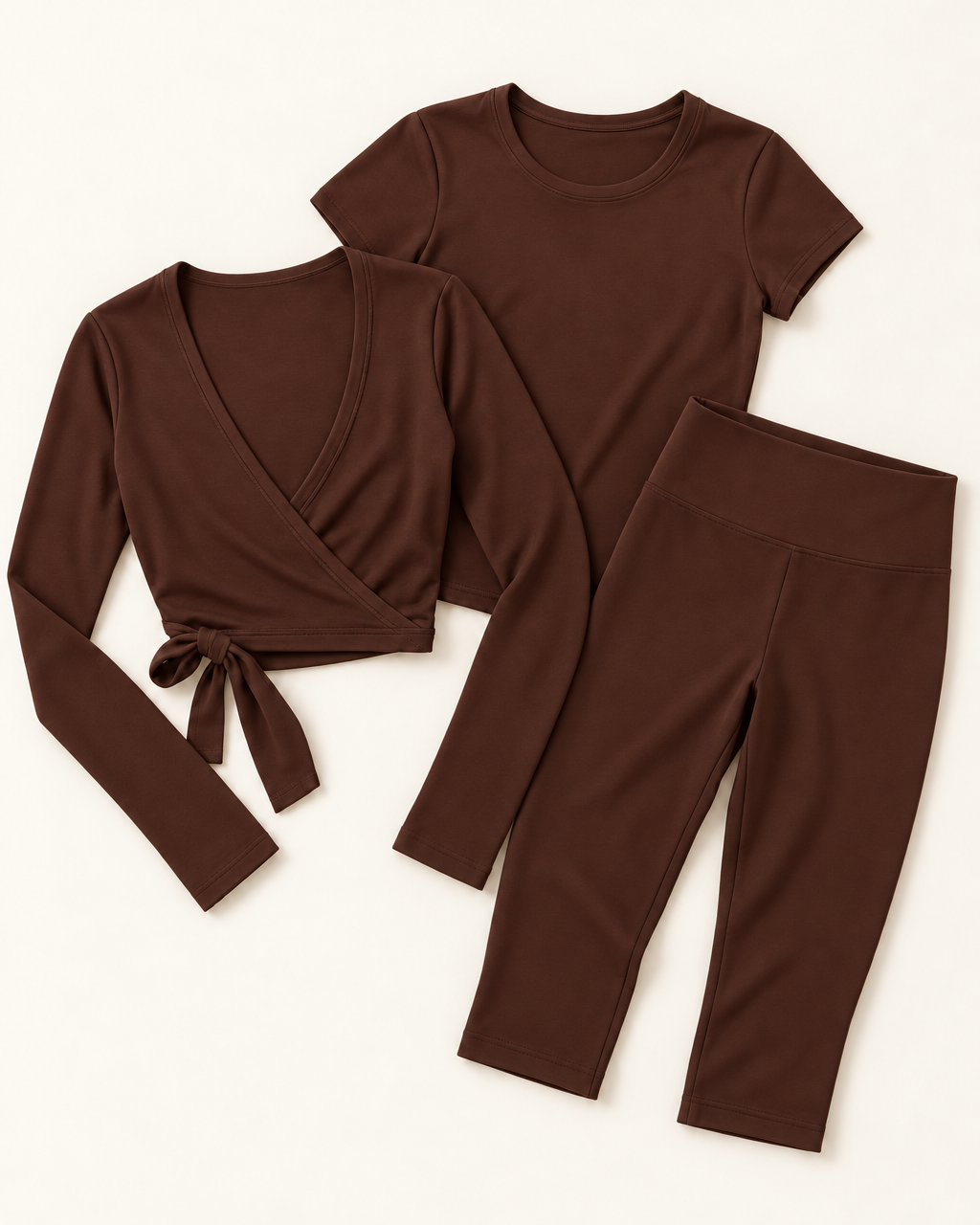 Ballet Wrap Top, Fitted Tee & Capris Set - Chocolate Brown flat lay