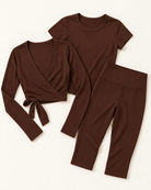 Ballet Wrap Top, Fitted Tee & Capris Set - Chocolate Brown flat lay