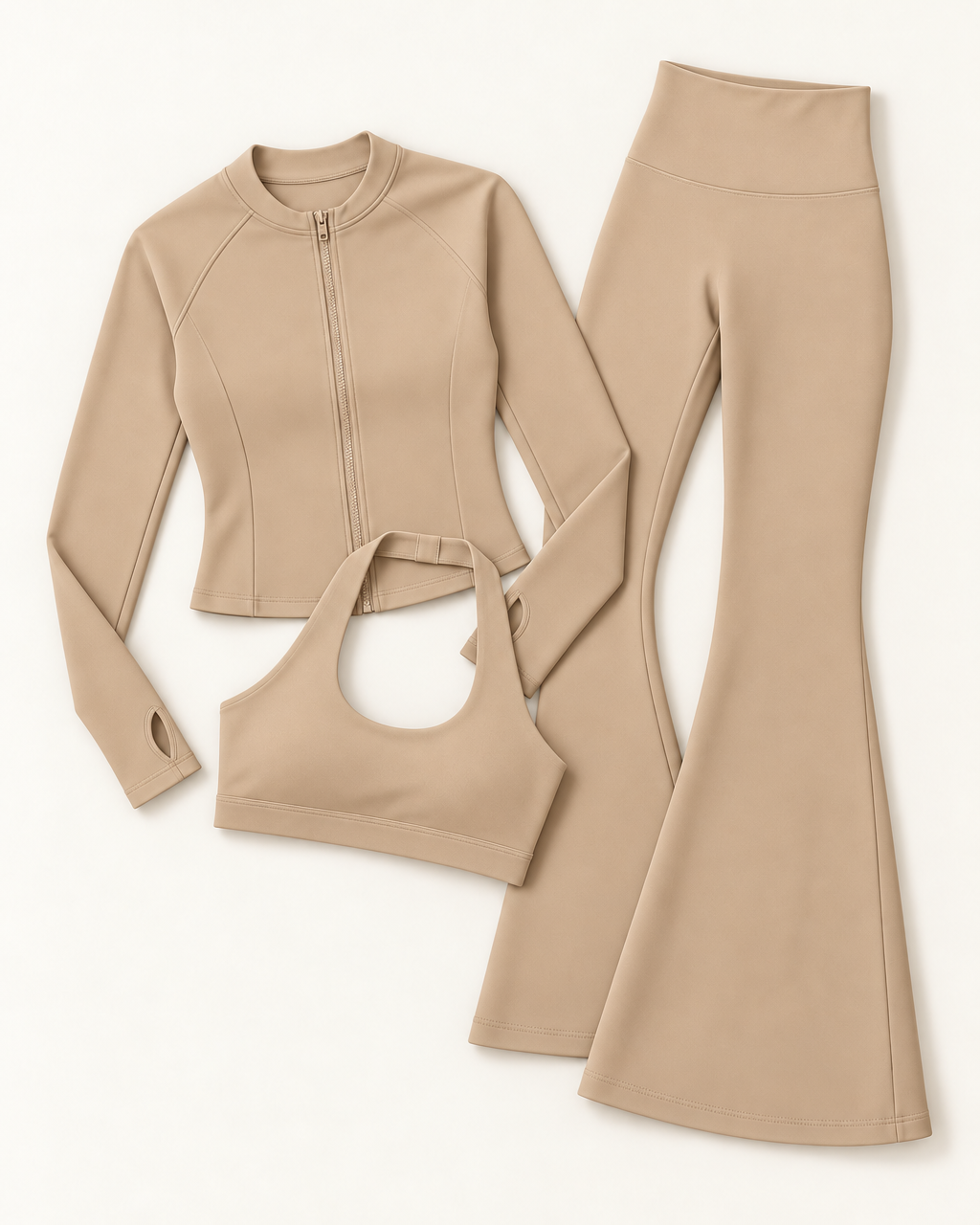 Zip-Up Jacket, Halter Bra & Flares Set - Tan flat lay