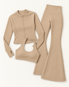 Zip-Up Jacket, Halter Bra & Flares Set - Tan flat lay