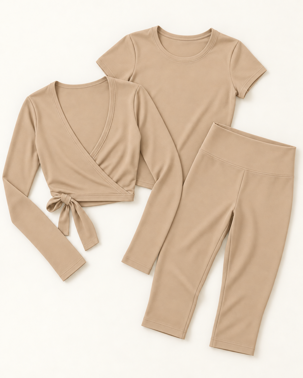 Ballet Wrap Top, Fitted Tee & Capris Set - Tan flat lay