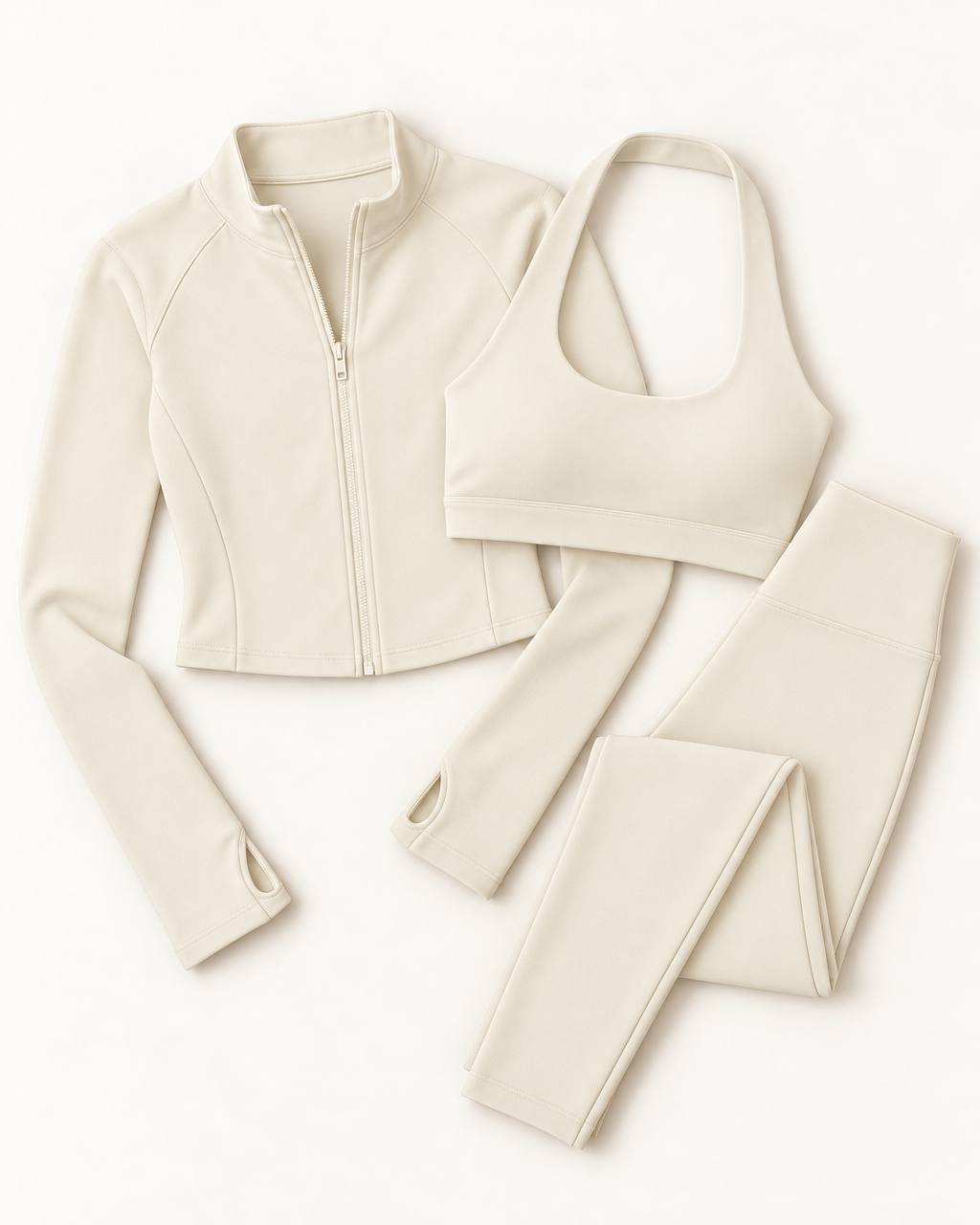 Zip-Up Jacket, Halter Bra & Leggings Set - Ivory White flat lay