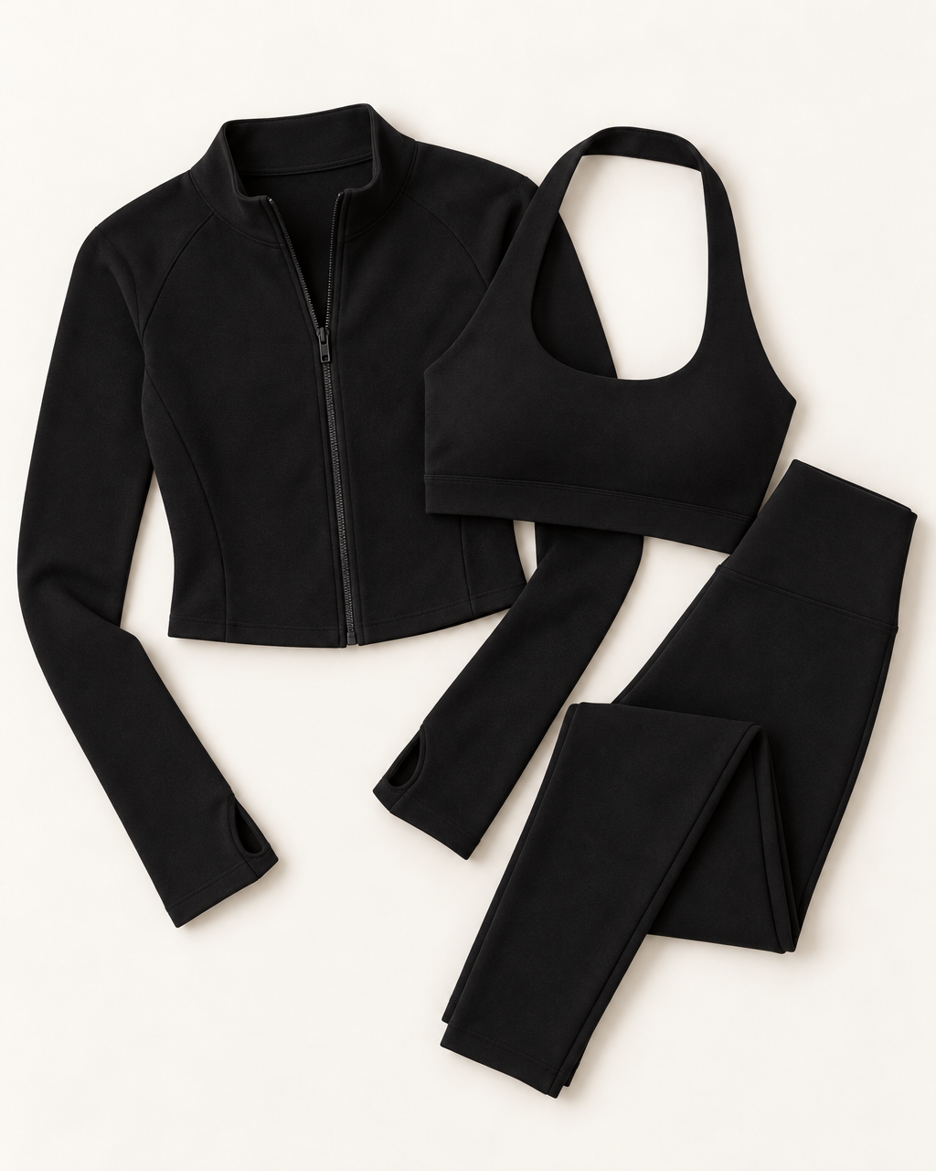 Zip-Up Jacket, Halter Bra & Leggings Set - Shadow Black flat lay