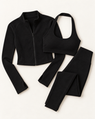 Zip-Up Jacket, Halter Bra & Leggings Set - Shadow Black flat lay